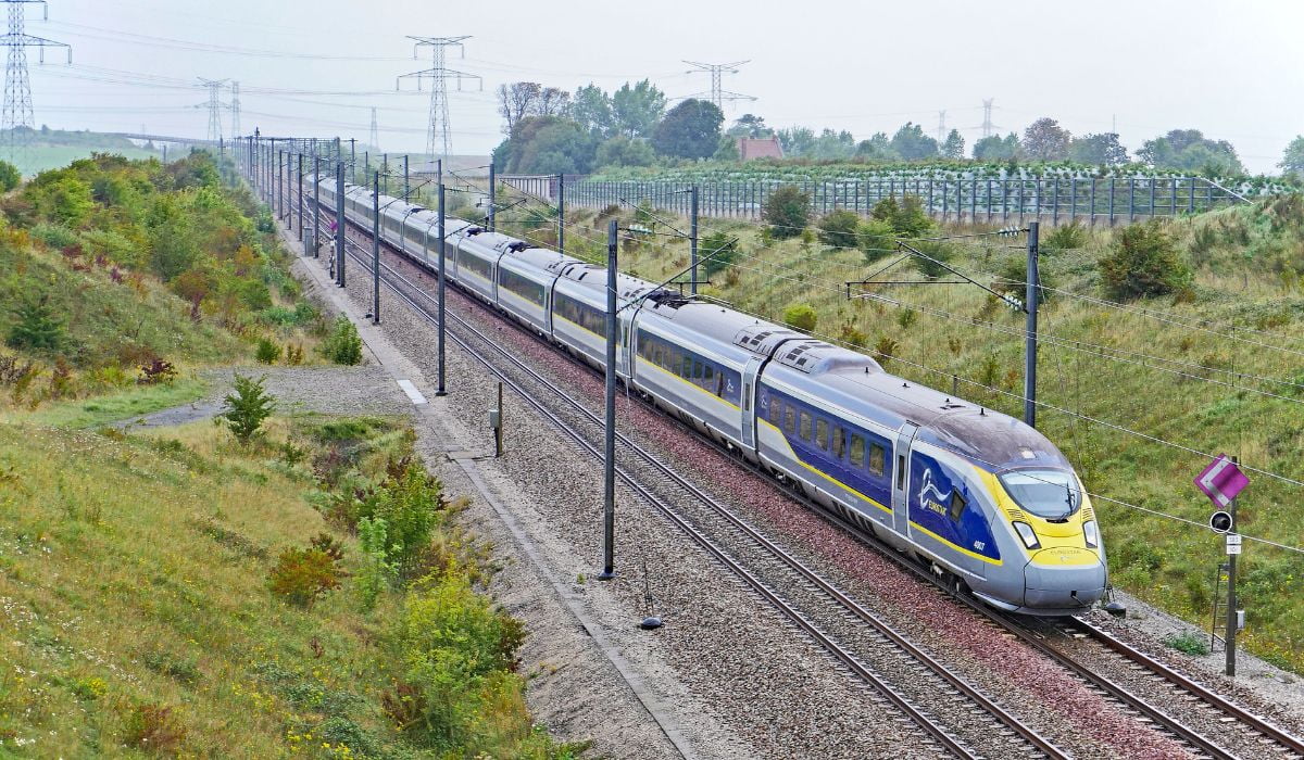 A Eurostar high-speed passenger train that runs through the Channel Tunnel from London to Paris, Brussels and Amsterdam