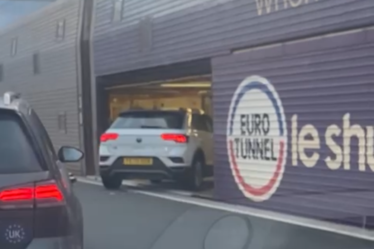 A car at the Eurotunnel Folkestone terminal waiting to board the LeShuttle train