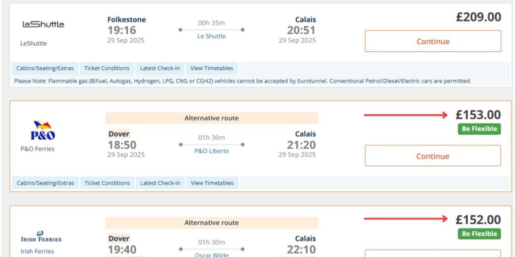 Price comparison with LeShuttle and ferries.
