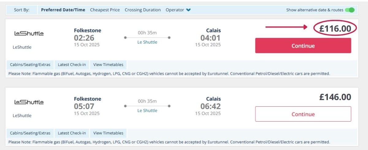 Screenshot showing a cheap Eurotunnel LeShuttle fare from Folkestone to Calais