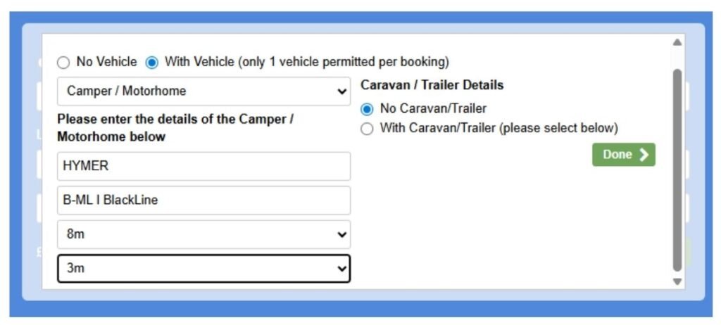 screenshot of booking screen motorhome eurotunnel