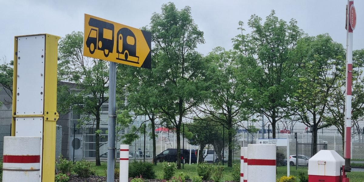 parking area for cars with campers and caravans at the Channel Tunnel terminal