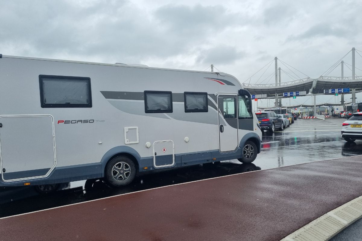 Motorhome at the Eurotunnel terminal waiting to board the Channel Tunnel shuttle