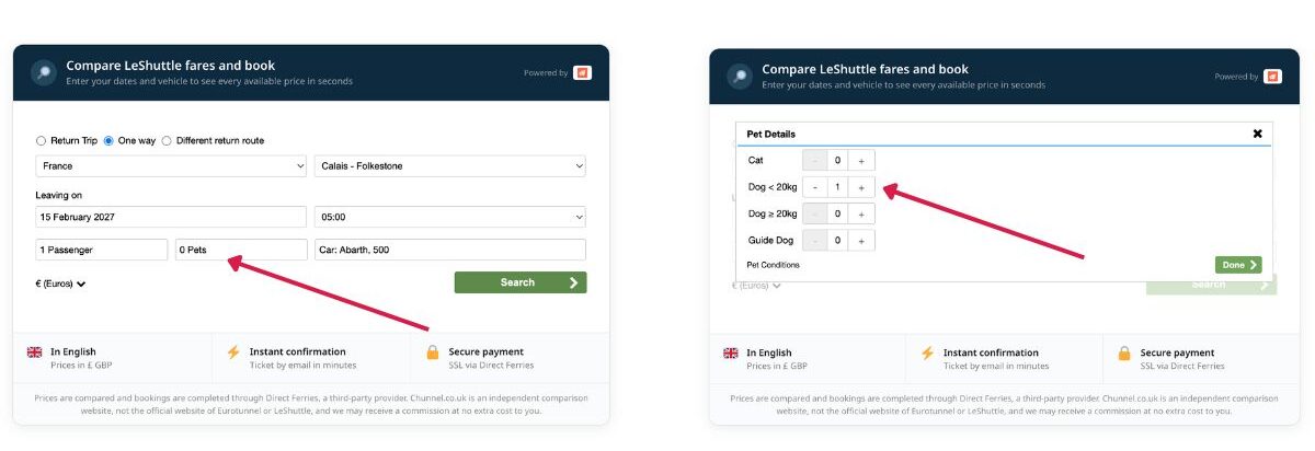 Booking a Eurotunnel ticket with a dog by adding pets to the car booking