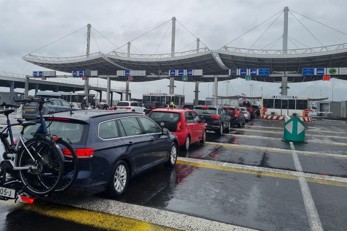 Cars at the Eurotunnel terminal check-in before crossing the Channel Tunnel to France