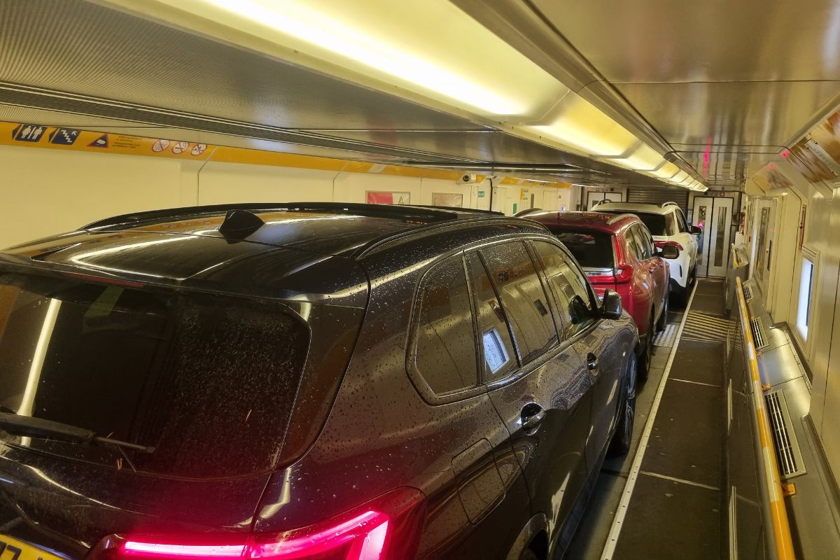 A car boarding the LeShuttle train to cross the Channel Tunnel from Folkestone to Calais