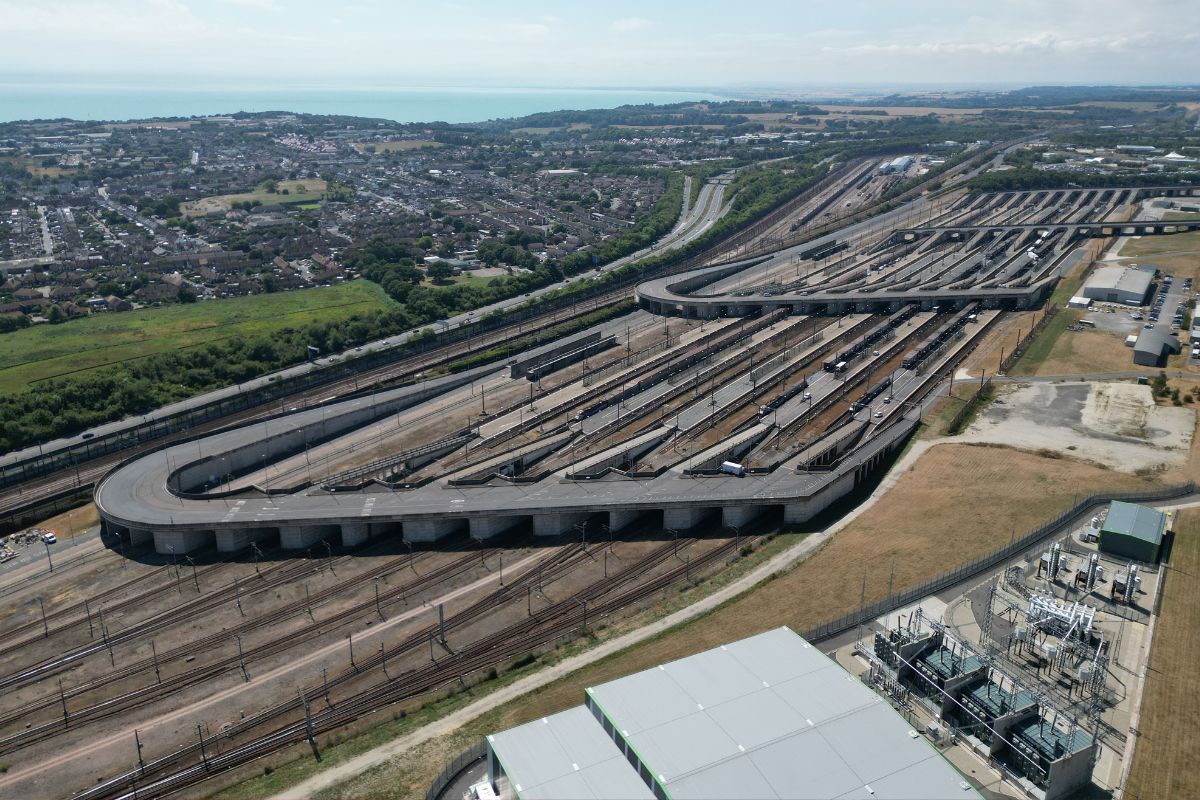 Aerial view of the Channel Tunnel terminal and the coastline where the tunnel runs out under the English Channel