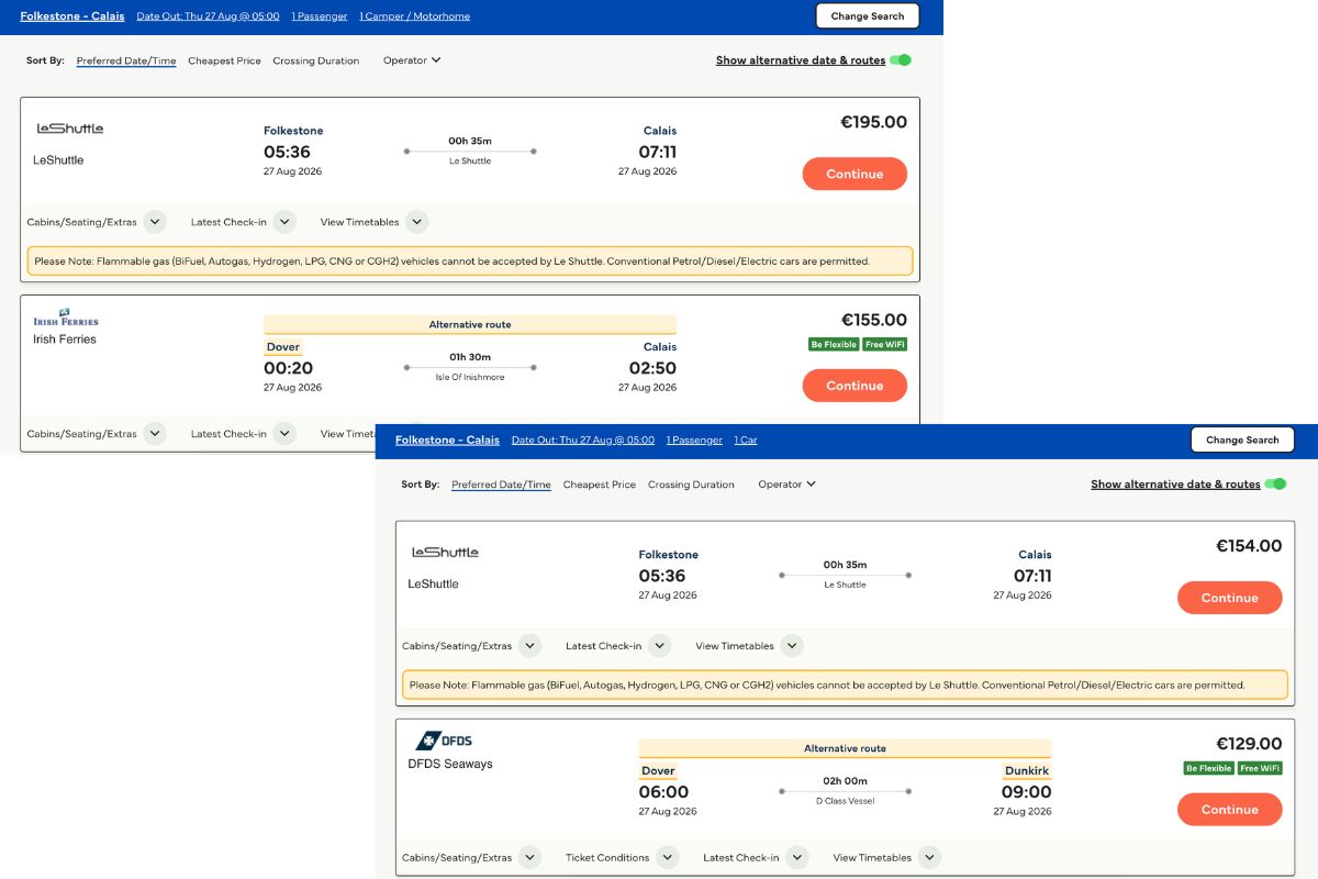 Price comparison booking a camper and a car for the Channel Tunnel to France on a weekday