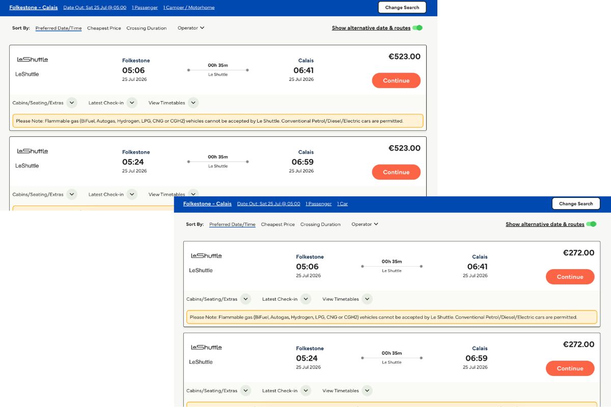 Price comparison booking a camper for the Channel Tunnel to France on the weekend, showing a much higher fare