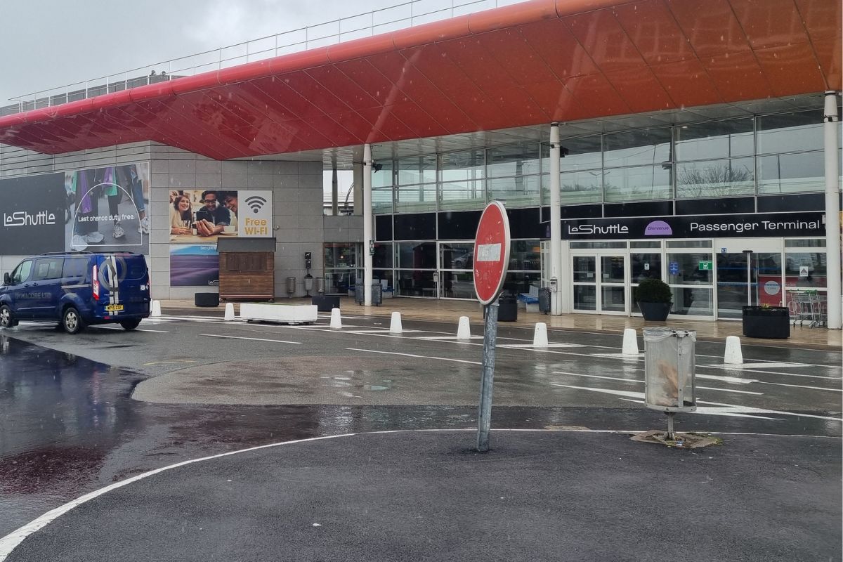 The Eurotunnel LeShuttle terminal at Folkestone, with check-in and boarding lanes