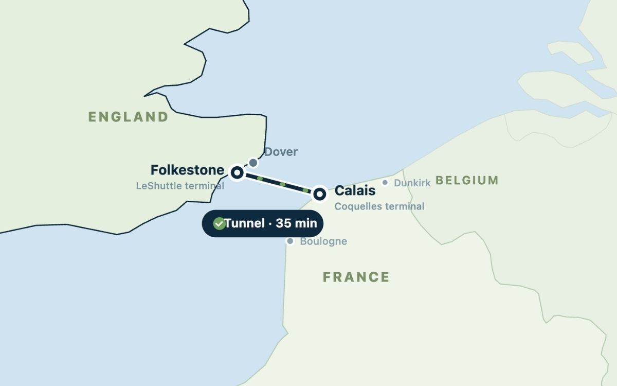 Map of the Eurotunnel LeShuttle car route from Folkestone to Calais through the Channel Tunnel, continuing onto the A16 motorway
