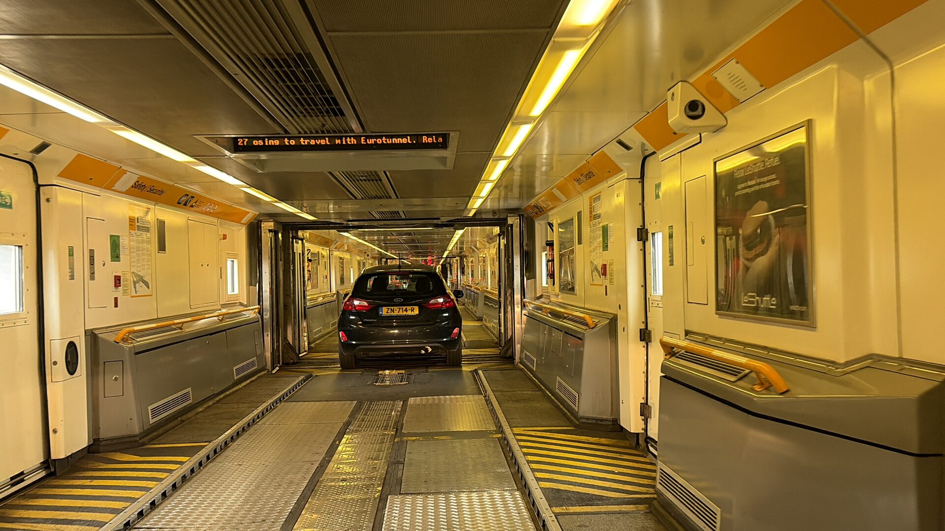 A car parked inside a LeShuttle carriage during the Channel Tunnel crossing