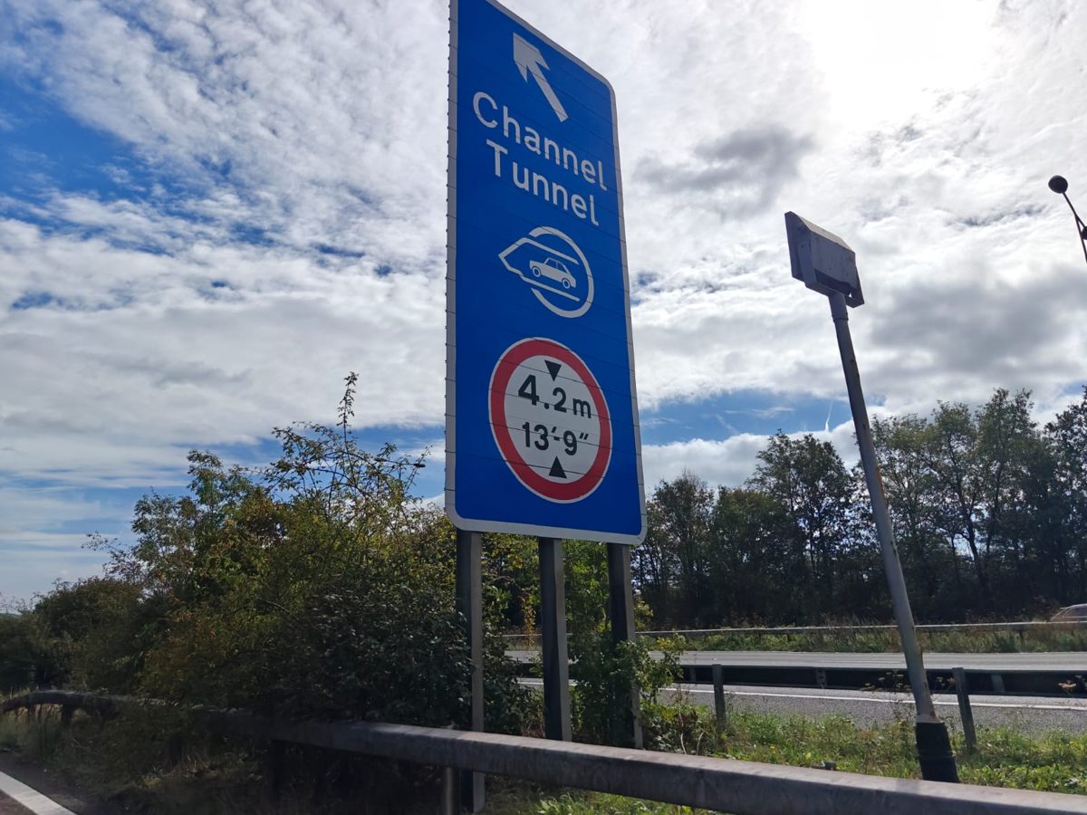 Channel Tunnel sign with 4.2 m 13 ft 9 in height limit near the Folkestone terminal