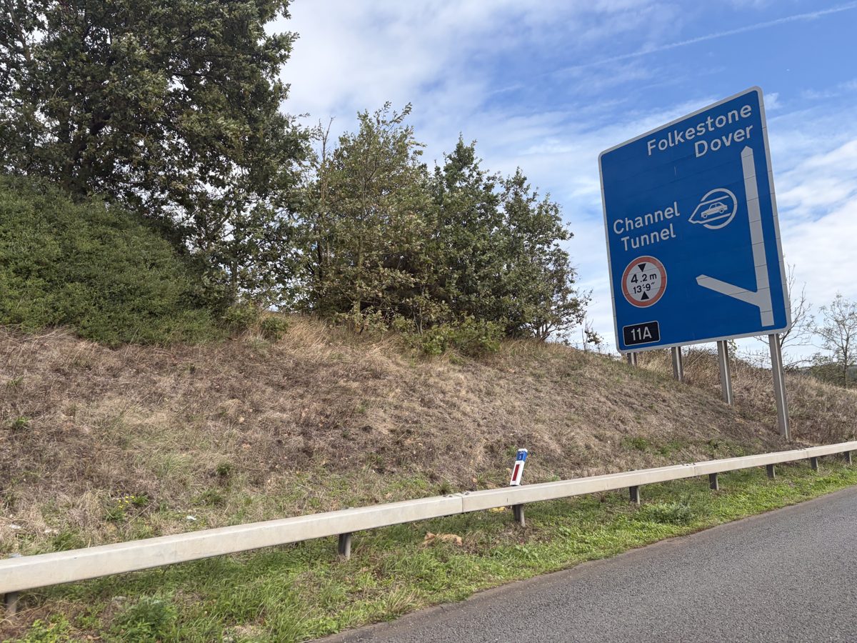 M20 junction 11A exit sign showing Channel Tunnel and Folkestone Dover