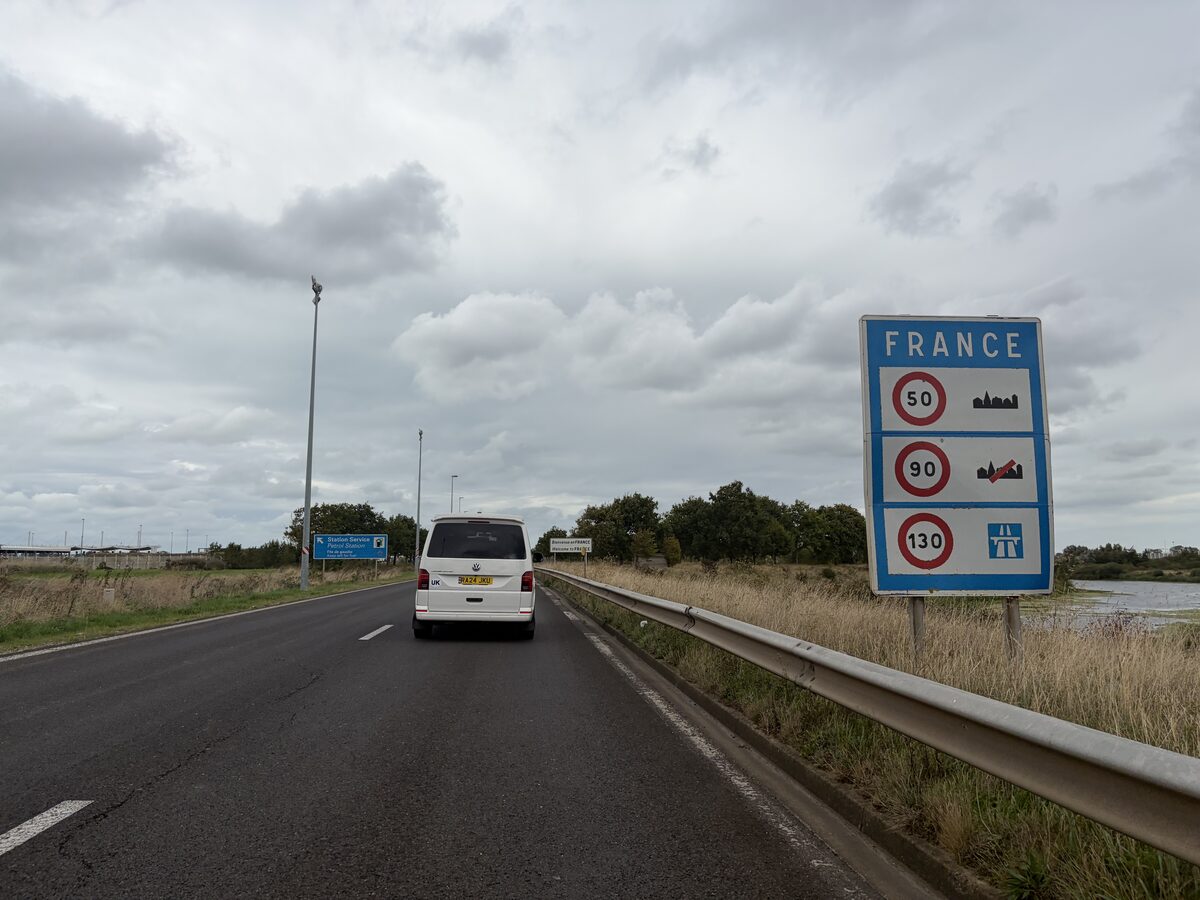 France sign showing national speed limits of 50, 90 and 130 km/h near Calais