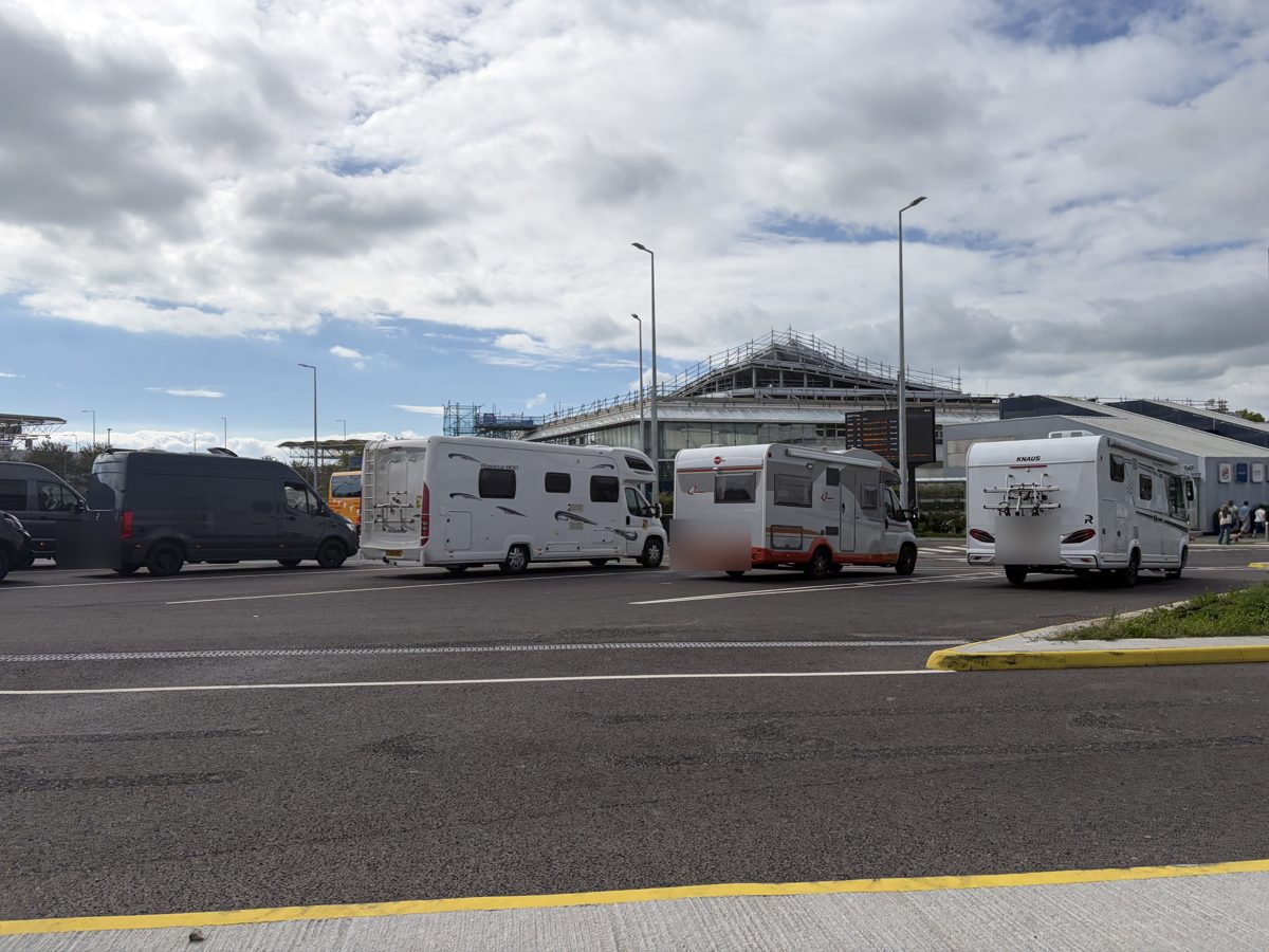 Motorhomes and vans waiting in lanes at the LeShuttle Folkestone terminal