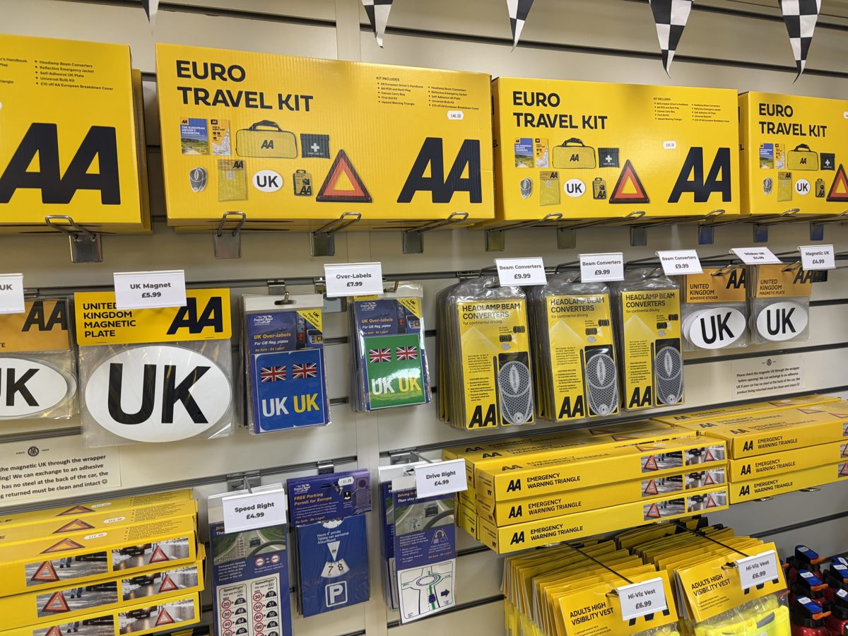 Euro travel kits and UK stickers on sale in the AA Shop at the Folkestone terminal