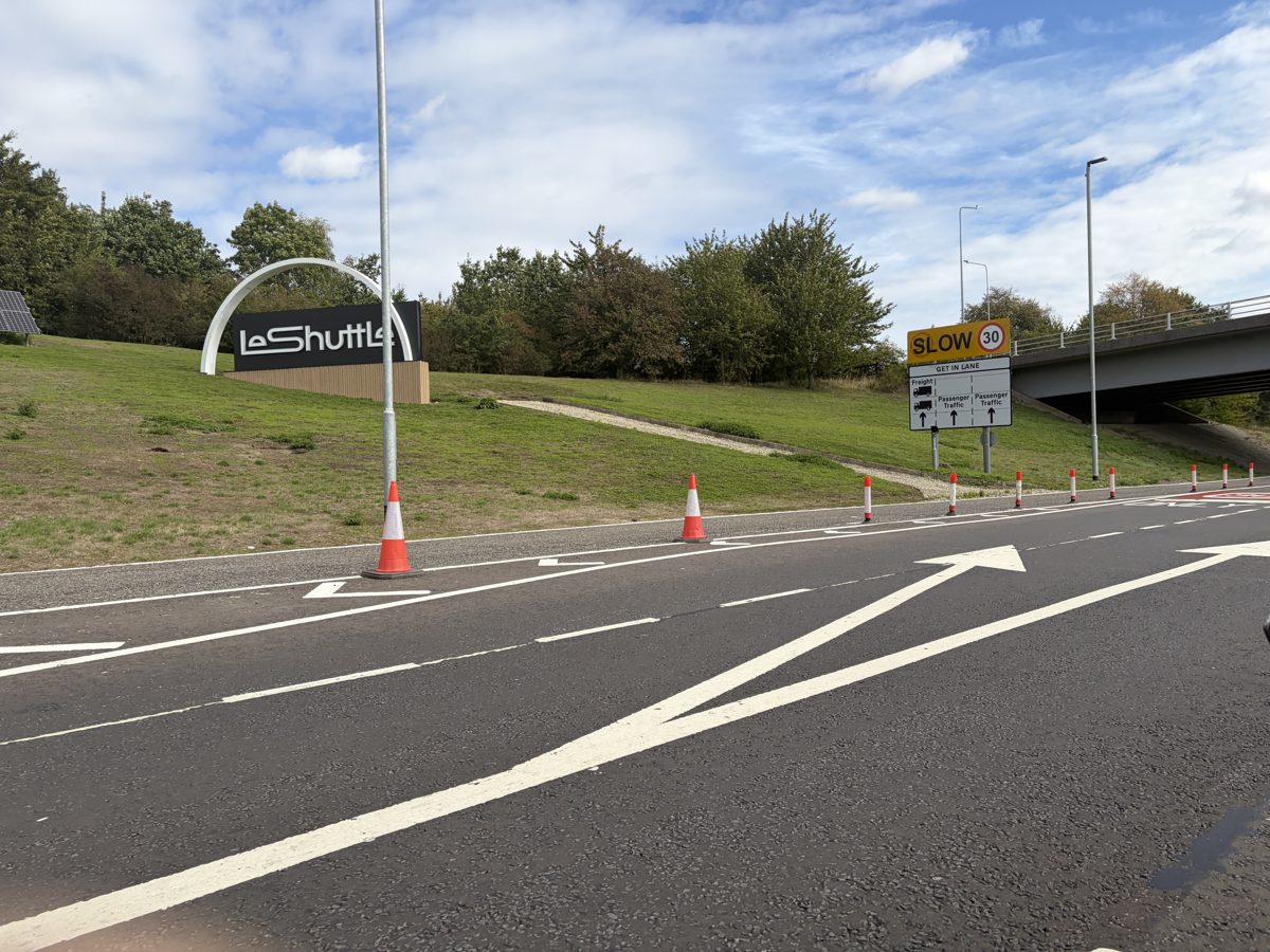 LeShuttle arch sign at the entrance to the Folkestone terminal