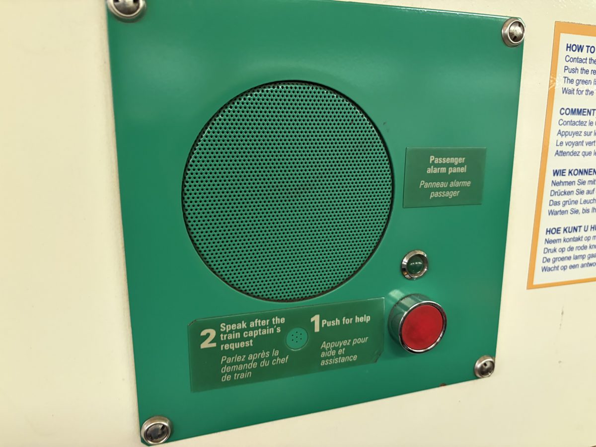 Passenger alarm panel with intercom button inside a LeShuttle carriage
