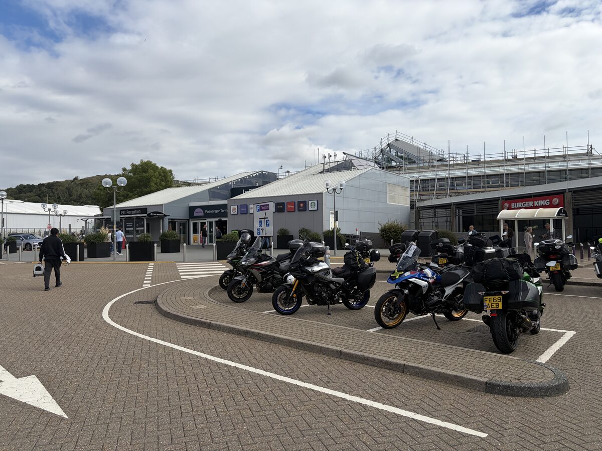 Motorcycles parked outside the Folkestone passenger terminal