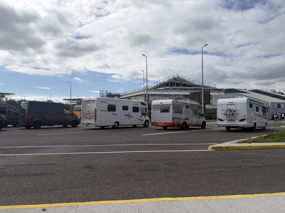 Motorhomes and vans waiting in lanes at the LeShuttle Folkestone terminal